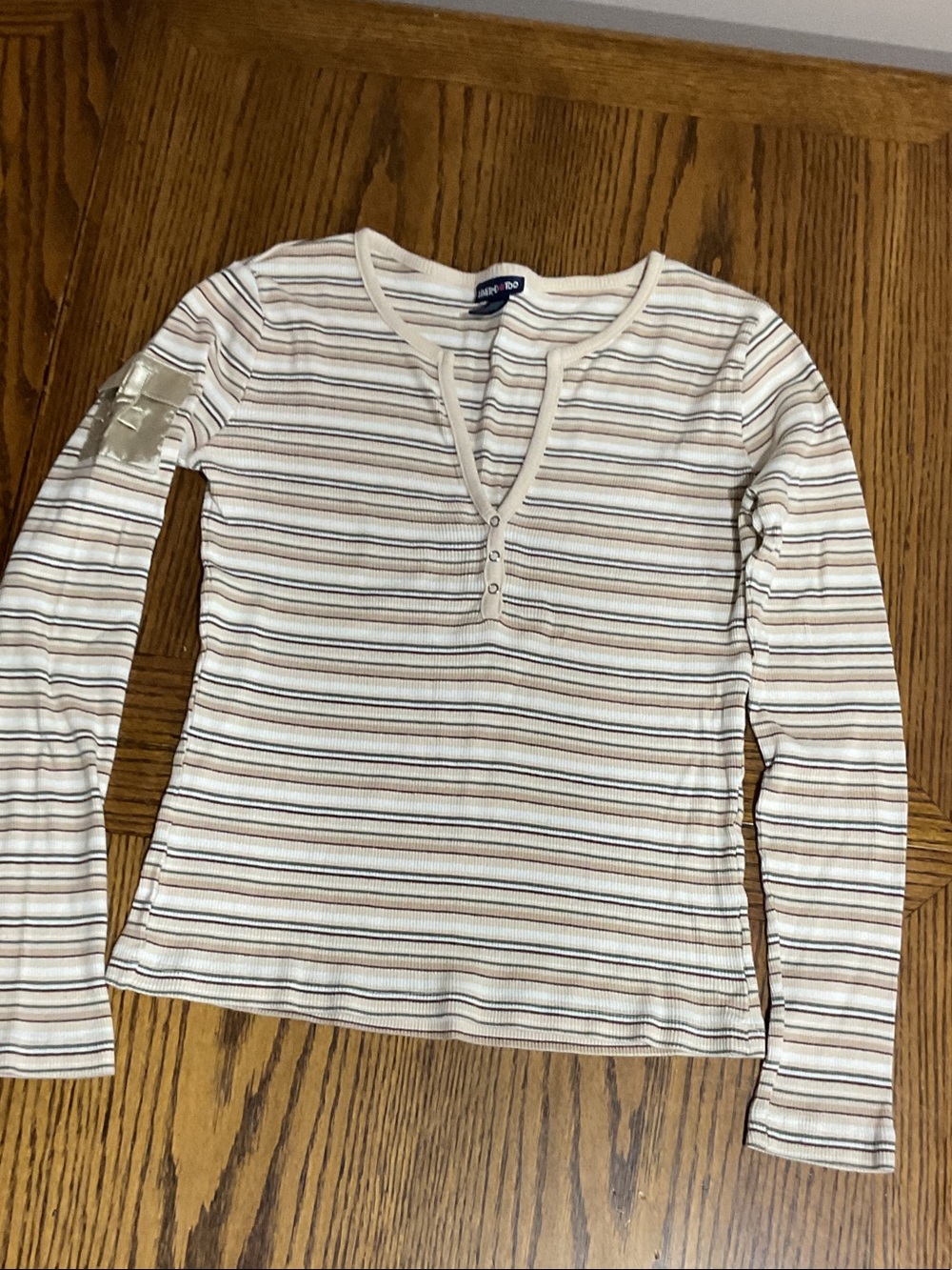 Tan,Cream, Green & Brown Thin Striped Henley Long Sleeve Top women S or girls XL